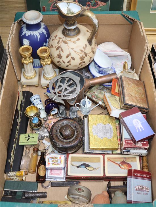 A quantity of mixed collectables including a Wedgwood vase, copper warmer, cloisonne incense burner, playing cards etc.